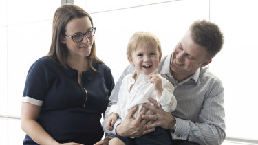 Michelle and Julian King with their child Felix at Julian’s workplace Boston Consulting Group in Sydney.