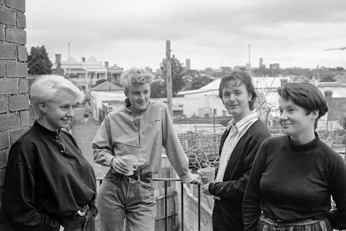  Prue Walker, Kath Fethers, Matt Healy and Megan Nicholson  in North Fitzroy in 1988 while campaigning to be Farrago editors.