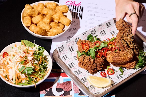Get Thai-inspired fried chicken with curry-spiced potato gems and slaw for $22.50 on Thursdays at Club Chin Chin in South Geelong. 