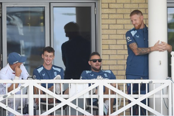 Joe Root, Harry Brook, Brendon McCullum and Ben Stokes on the balcony at Trent Bridge as their team careers towards a comprehensive Test match defeat.