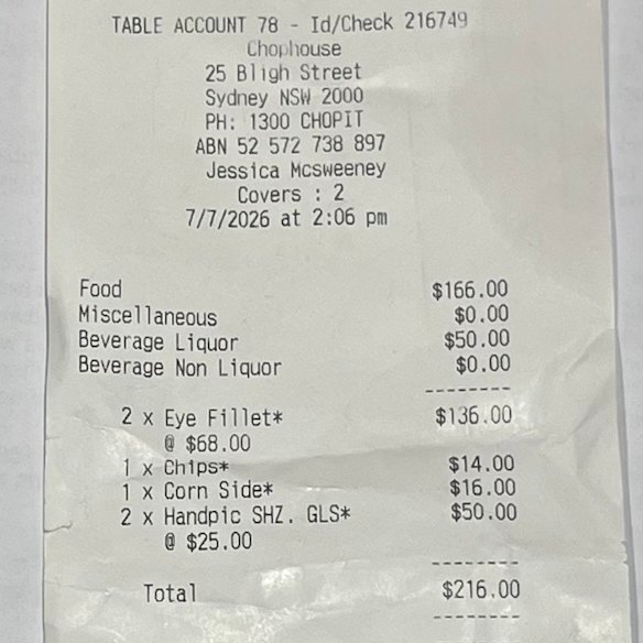 The bill at the Chophouse.