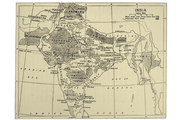 An undated map of British India, including the princely states and areas under direct rule by the British Raj, which extends over what is today Pakistan, to the west, and Bangladesh, to the east.  
