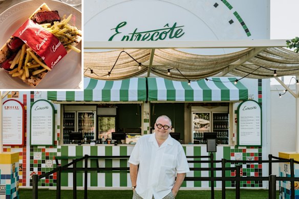 Jason M Jones’ Entrecote outlet will return to the tennis in 2026, along with its popular steak frites baguette (inset).