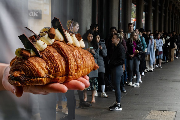 The queue for the Lune x Koko Black croissant pop-up successful  July astatine  QVB.