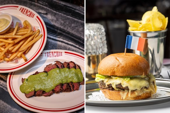 Steak frites at Frenchie (left) and a cheeseburger at Gigi in Melbourne.