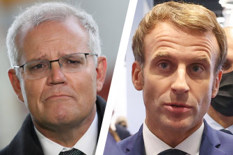 Scott Morrison et le président français Emmanuel Macron, qui ont qualifié le Premier ministre australien de menteur.