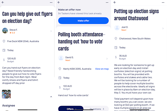 Airtasker ads for help on election day.