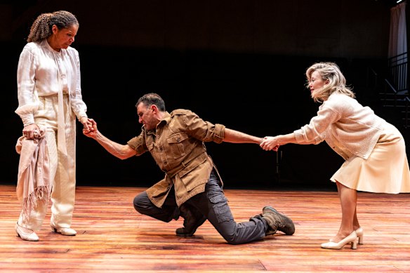Brigid Zengeni, Hadem Shammas and Suzannah McDonald in a scene from Coriolanus.