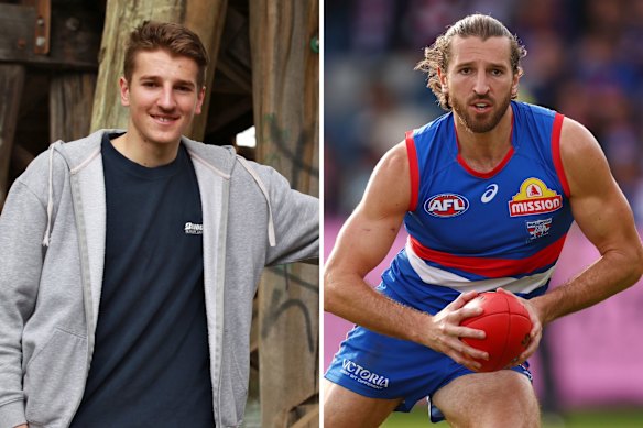Marcus Bontempelli days before the Bulldogs picked him up in the 2013 draft, and now, as one of the AFL’s most respected midfielders.