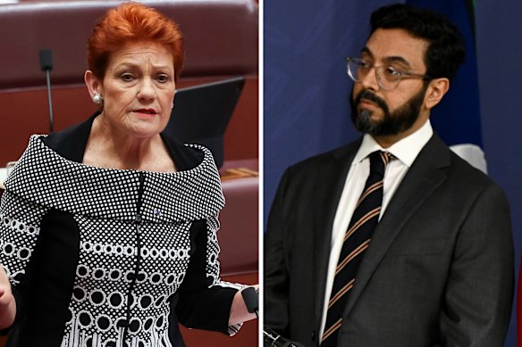 One Nation senator Pauline Hanson and Special Envoy to Combat Islamophobia Aftab Malik.