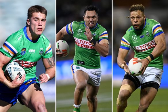 Young gun Chevy Stewart (left) is in contention for Canberra’s No.1 jersey alongside Jordan Rapana and Sebastian Kris.