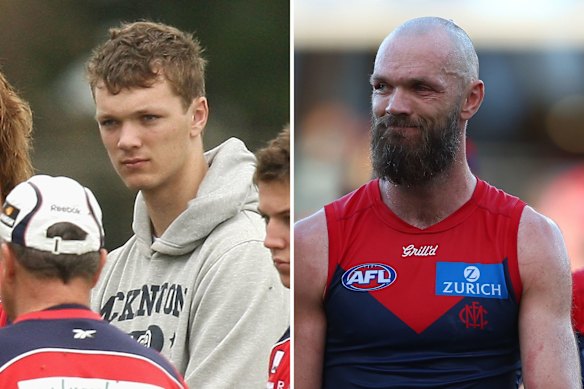 Max Gawn shortly after being drafted by Melbourne in 2009, and 16 years later leading the club off the ground as its long-running captain.