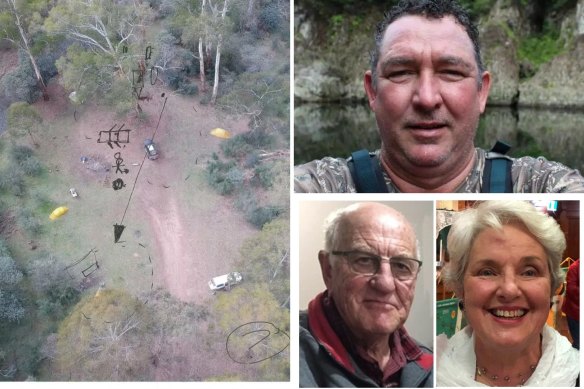 Lynn’s sketch of the Bucks Camp site for police; and (clockwise from top right) Lynn, Carol Clay and Russell Hill.