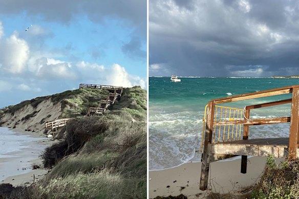 Over the past five years 25 metres of beachfront has disappeared, as not even professional hazard mapping anticipated, leaving the steps to the lookout leading directly into the water.