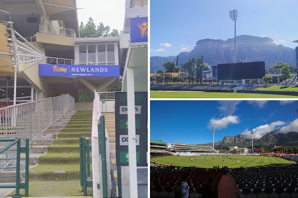 The walkway to the changerooms at Newlands cricket ground in Cape Town (main) and the screen at the ground (top right), as they appear today, and the ground as it looked during the 2018 Test match between South Africa and Australia (bottom right).