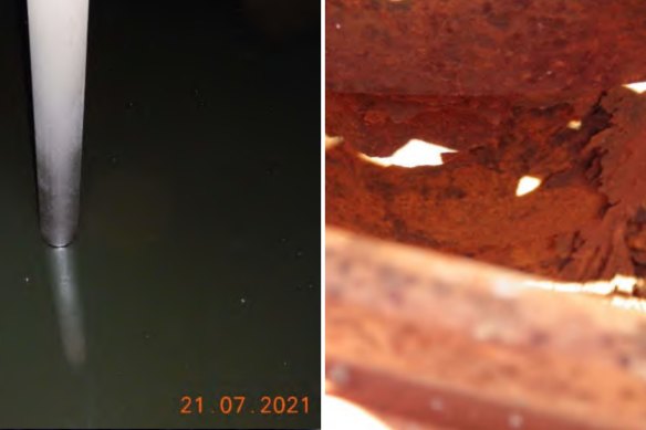 Photographs released under FOI laws reveal an open tank of oil, left, and corroded wellheads, right.