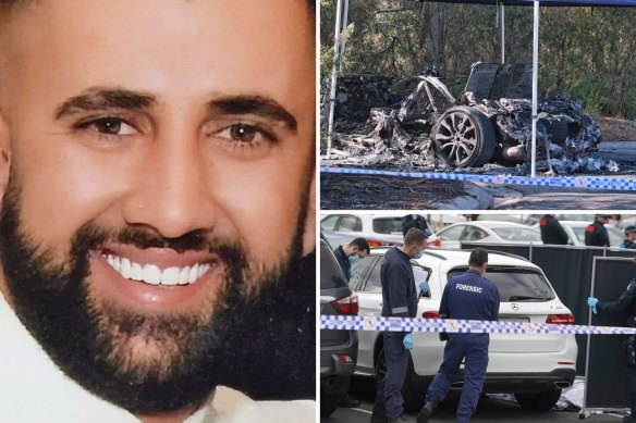 Robert Issa; the burnt-out car believed to have been used in the shooting; police at the scene.