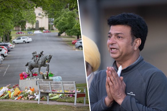Vikas Sharma, the brother of Pratibha Sharma, at a memorial service for those killed in the Daylesford crash. Flowers at a make-shift memorial near the Royal Hotel for those killed in the crash.