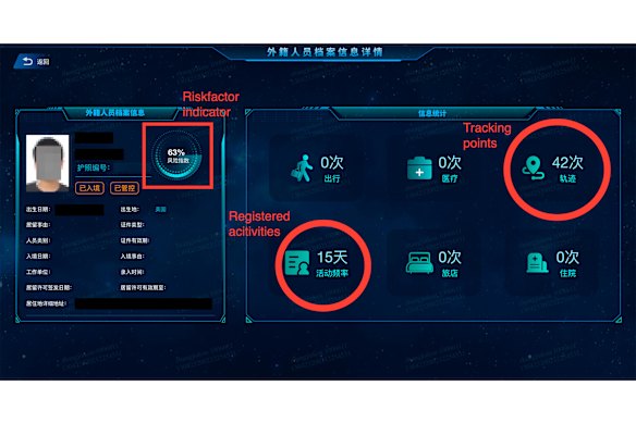 A profile of a foreigner captured in a Chinese policing “test” database, tracking their movements, including hotel information and hospital visits.