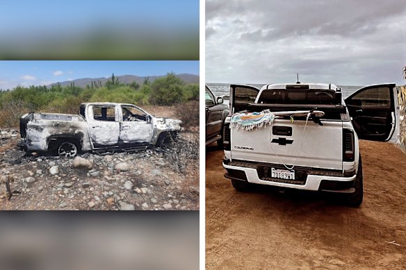A burnt-out ute found during the search for the missing Perth brothers, left, and the ute they were travelling in that Callum posted to Instagram.