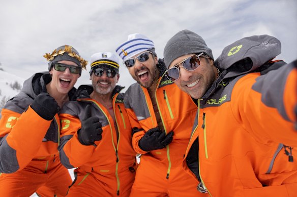 Cory Michael Smith as Venis, Steve Carell as Randall, Ramy Youssef as Jeff, and Jason Schwartzman as Hugo in Mountainhead.