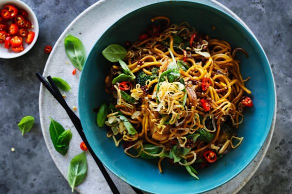 Hokkien noodles with chicken and broccoli.