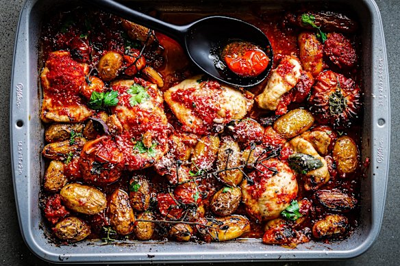  Chicken amatriciana one-tray wonder with chorizo and potatoes.