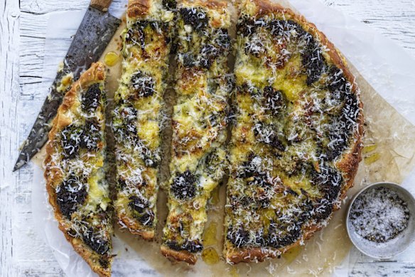 Broccoli tart with caramelised onion and plenty of cheese.