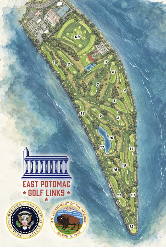 A blueprint of the redevelopment plans for East Potomac Links golf course in Washington, published to social media by Donald Trump.