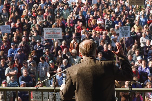 Former prime minister John Howard wearing a bullet-proof vest while addressing gun owners in Sale following the Port Arthur massacre.