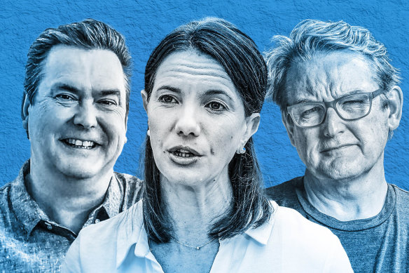 Water Minister Rose Jackson, ABC presenter Simon Marnie (left) and contamination campaigner Jon Dee.