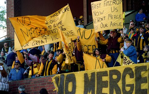 The Hawthorn faithful rally in 1996 to stop the merger with Melbourne.