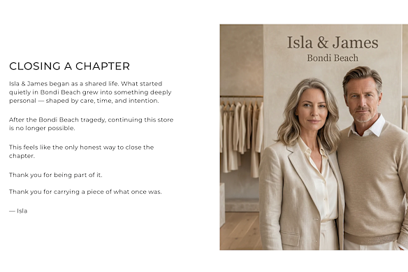 The Isla & James website was created nine days after the Bondi Beach shooting.