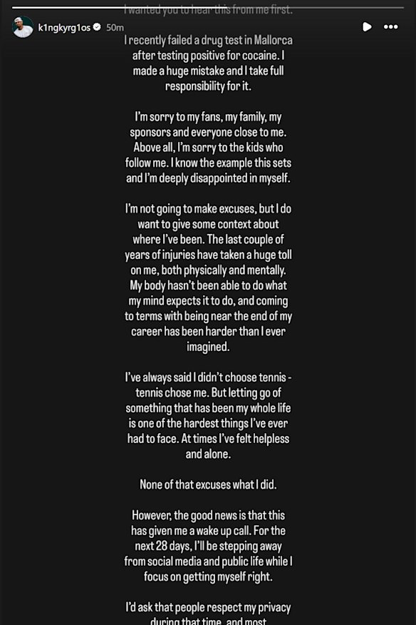 Nick Kyrgios’ apology on his official Instagram account.