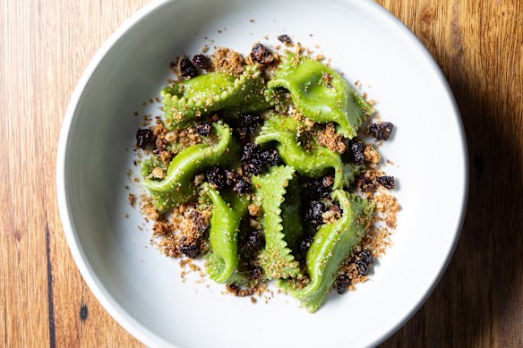Spinach, dill and goat cheese pasta with honey-candied walnuts