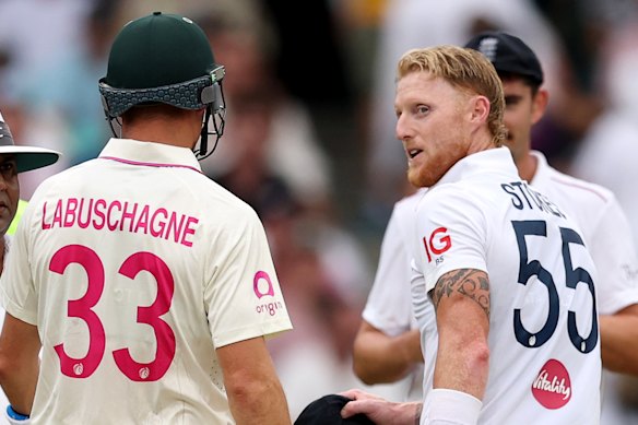 Ben Stokes and Marnus Labuschagne at the SCG on Monday.