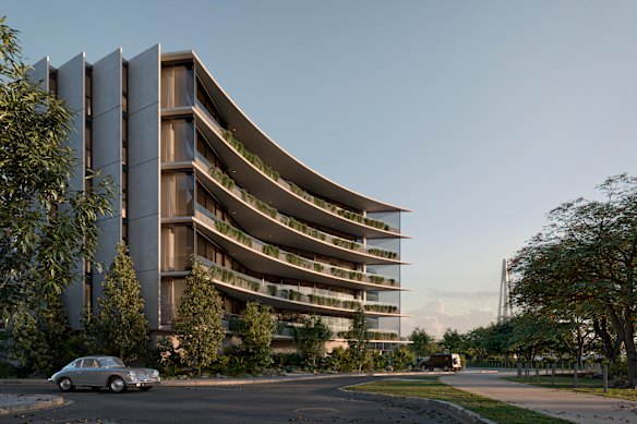 The building’s long crescent balconies mimic the Story Bridge’s shape, designers said.