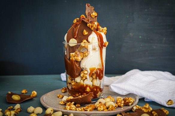 Miso caramel sundae with miso caramel popcorn and chocolate bark.