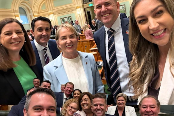A photo posted by Deputy Premier Jarrod Bleijie wiith LNP government colleagues this week as parliament returned for the first sitting since the 12-month anniversary of their 2024 election.
