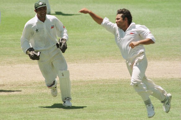 Mushtaq Ahmed in typically exuberant celebration mode after dismissing Australian captain Mark Taylor at the SCG in 1995.