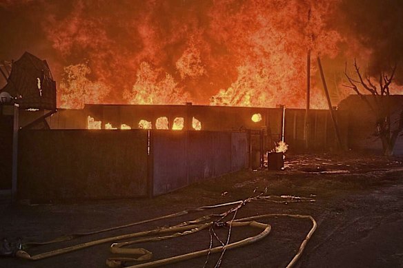 This photo provided by the Ukrainian Emergency Service shows a fire following a Russian attack in the Kyiv region on Wednesday.