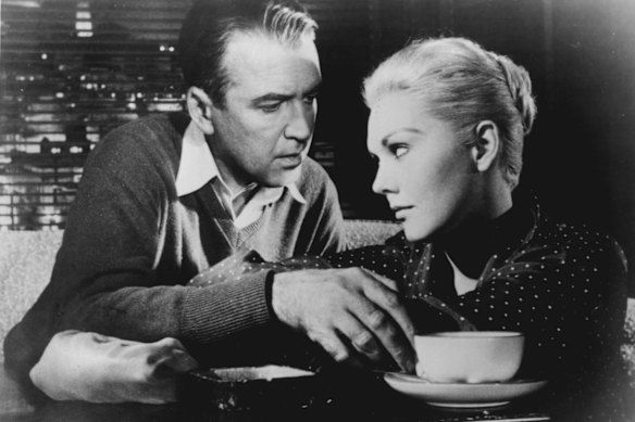 James Stewart and Kim Novak in Alfred Hitchcock’s Vertigo.