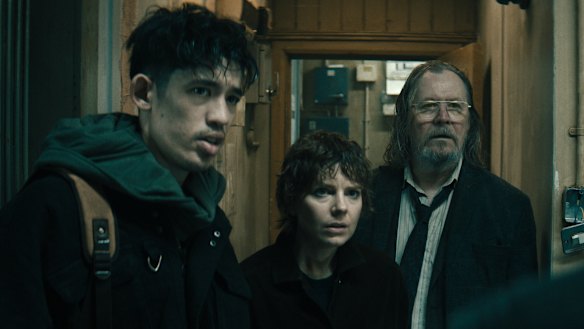 “It was a little bit weird, a little bit wonky, tonally unusual”: Slough House’s Roddy Ho (Christopher Chung), Shirley Dander (Aimee-Ffion Edwards) and Jackson Lamb (Gary Oldman) in Slow Horses.