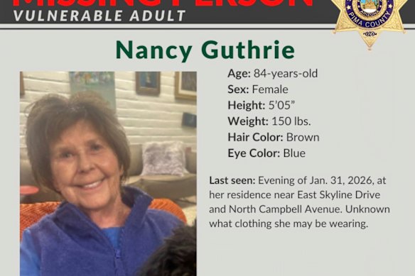 A missing person alert for Nancy Guthrie.