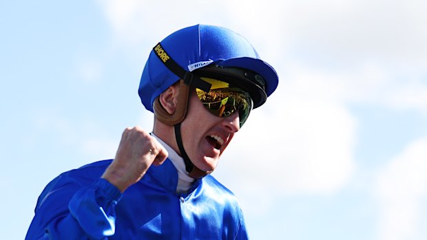 Chad Schofield celebrates victory on Saturday with Tempted in the Surround Stakes. He will partner Harry’s Evidence at Kembla on Tuesday.