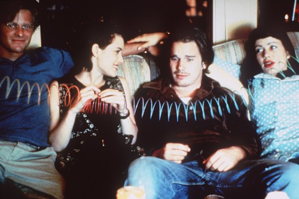 A still from the 1994 movie Reality Bites, with Steve Zahn (Sammy), Winona Ryder (Leinana), Ethan Hawke (Troy) and Janeane Garofalo (Vickie).
