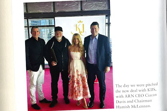 The day KIIS CEO Ciaran Davis (left) and chair Hamish McLennan (right) offered Kyle and Jackie O their historic contract, as pictured in her memoir.