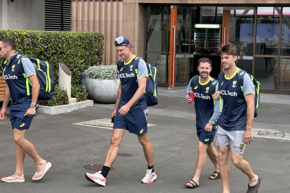 Beau Webster (second from left) and Mitch Marsh (right) leave the SCG after training on Thursday following Australia’s team announcement. 