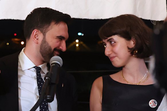 Mamdani on stage with his wife, Rama Duwaji, at his primary election party in June.