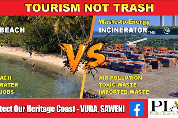 Roadside billboard artwork against the Vuda Point waste-to-energy project mounted by the Queens Highway near Saweni in Fiji.